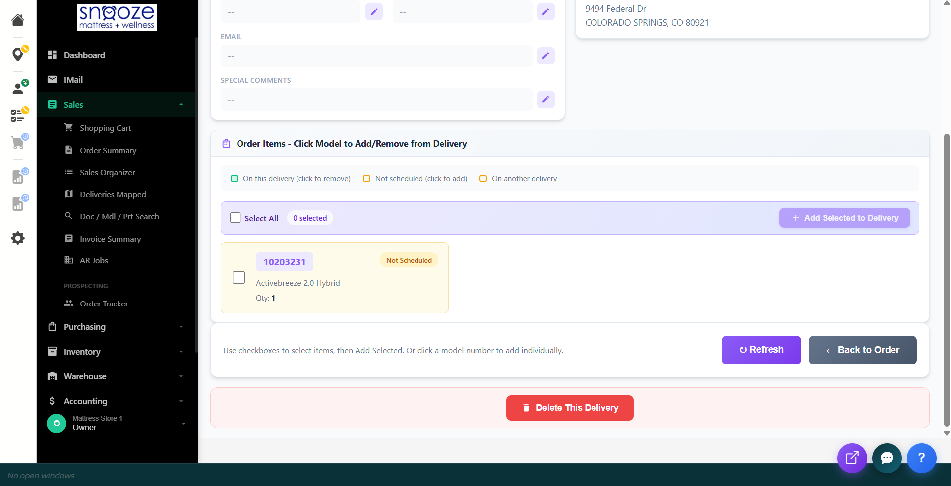 Order Items section showing a Not Scheduled item with checkbox and Add Selected to Delivery button.