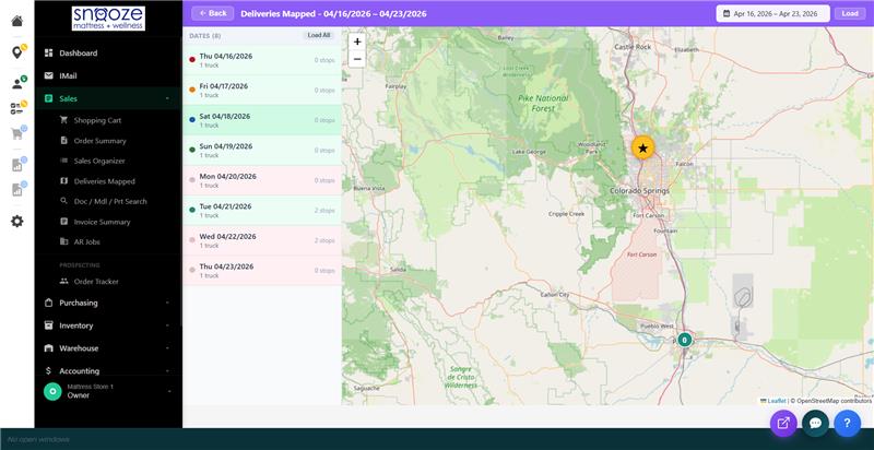 Deliveries Mapped view showing a date range with delivery dates listed and a map.