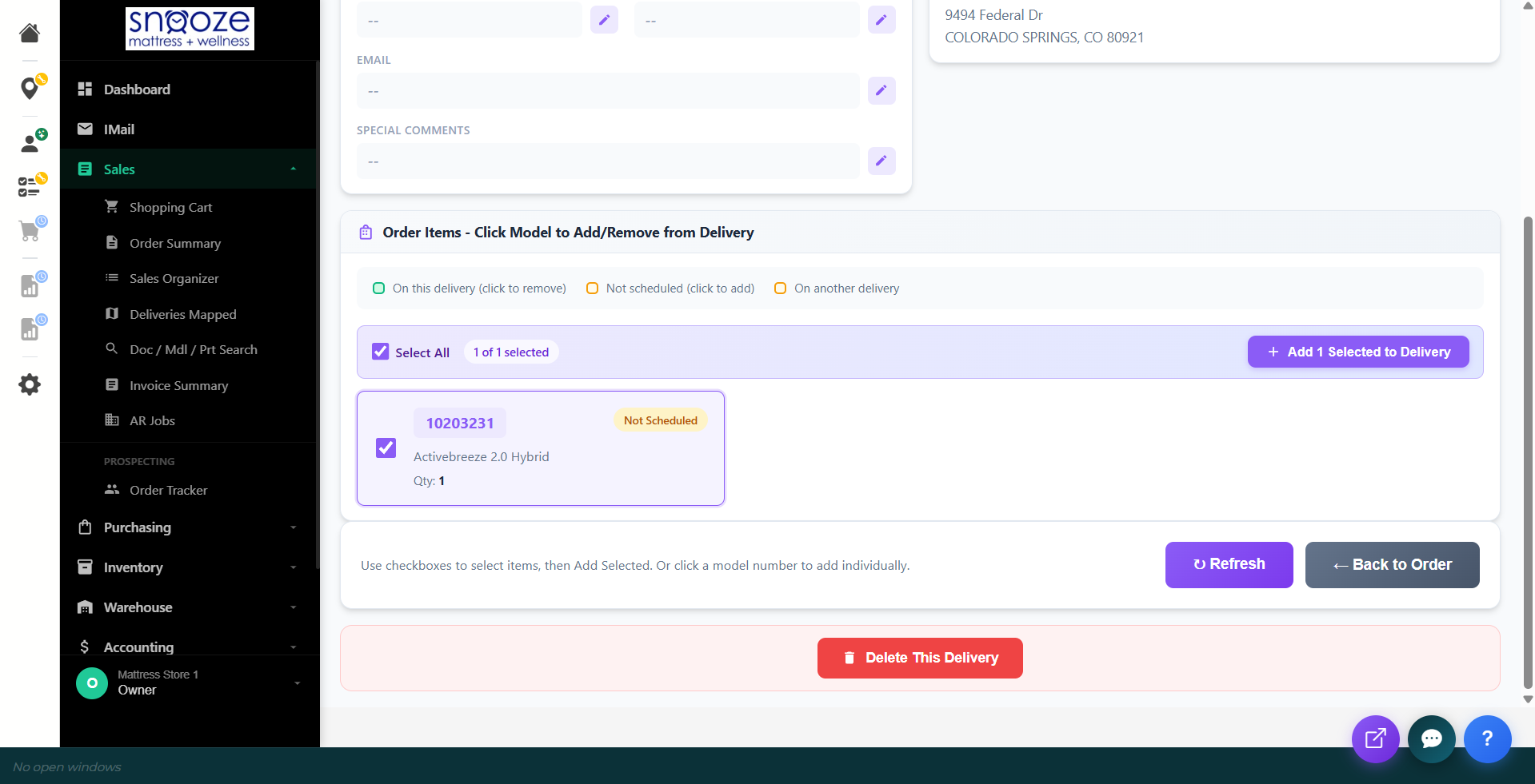 Order Items with item checked and Add 1 Selected to Delivery button highlighted.