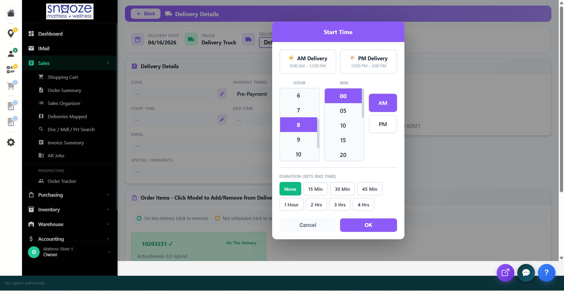 Start Time picker showing AM/PM delivery options, hour and minute selectors, and duration buttons.