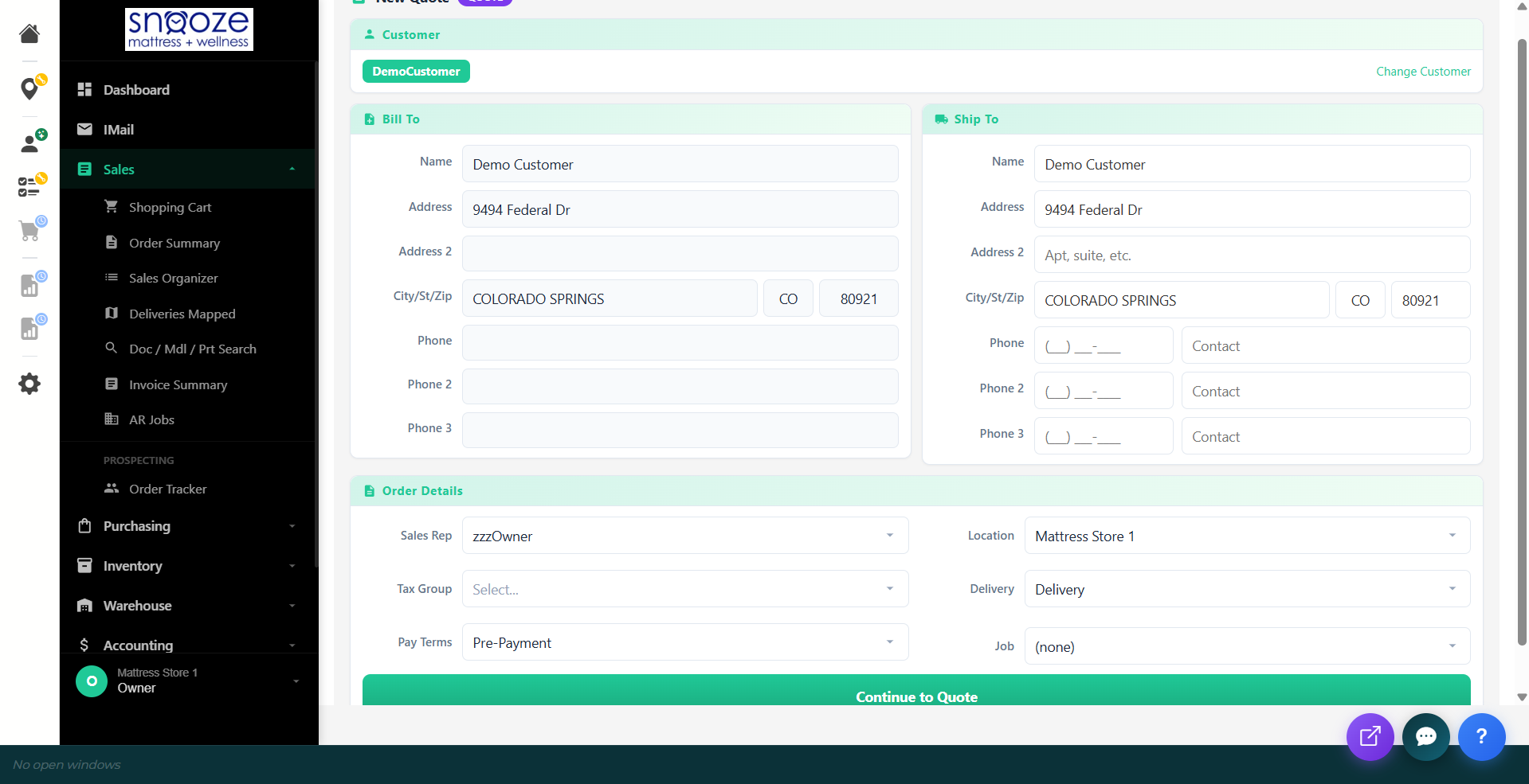 New Quote form showing Customer, Bill To, Ship To, and Order Details sections with Continue to Quote button.