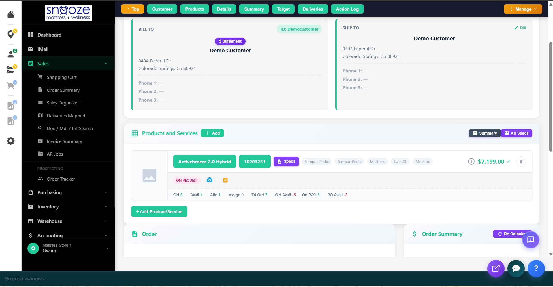 Order screen showing the line item with an ON REQUEST badge after submitting the request.