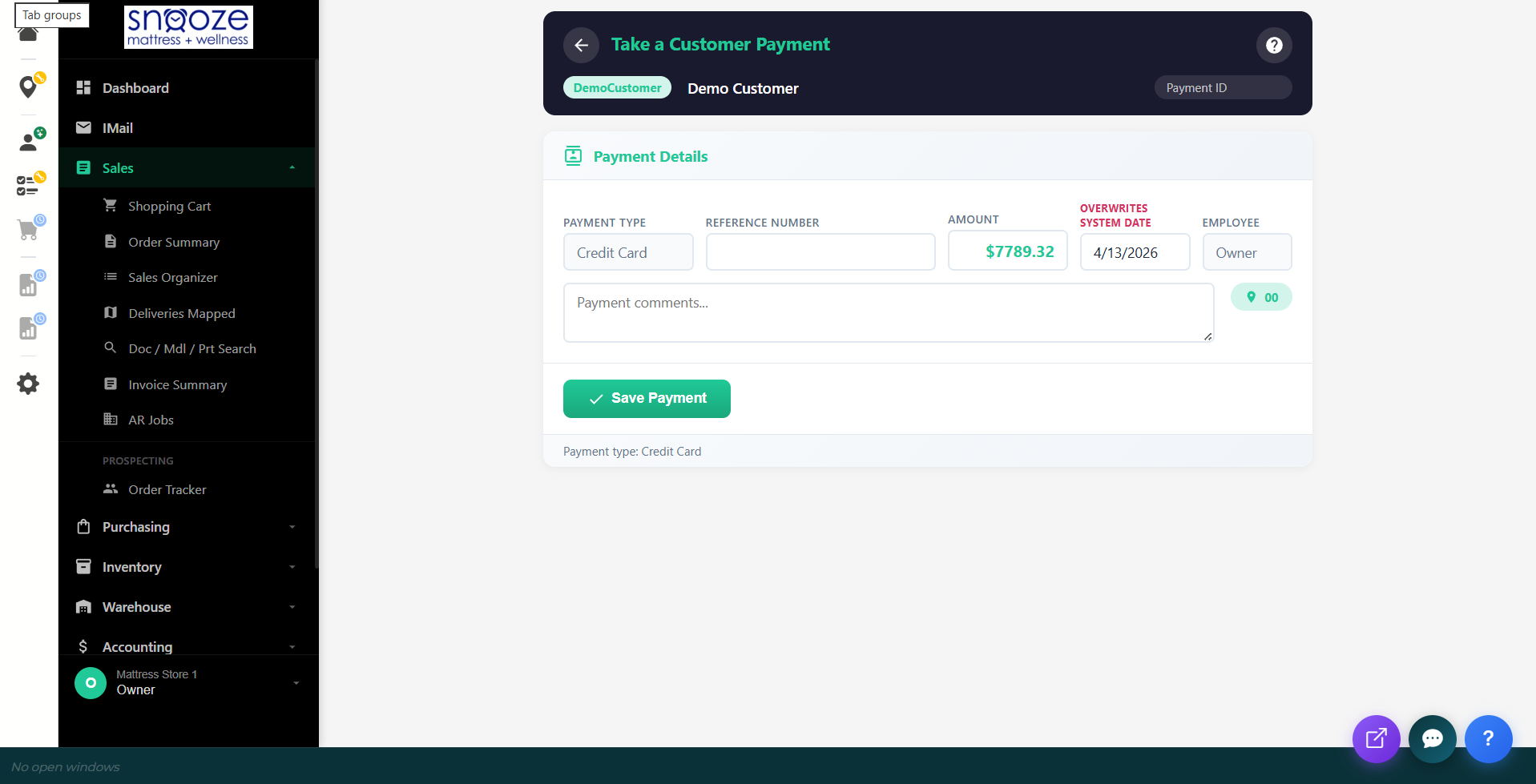 Payment Details screen showing Credit Card as Payment Type with amount and Save Payment button.