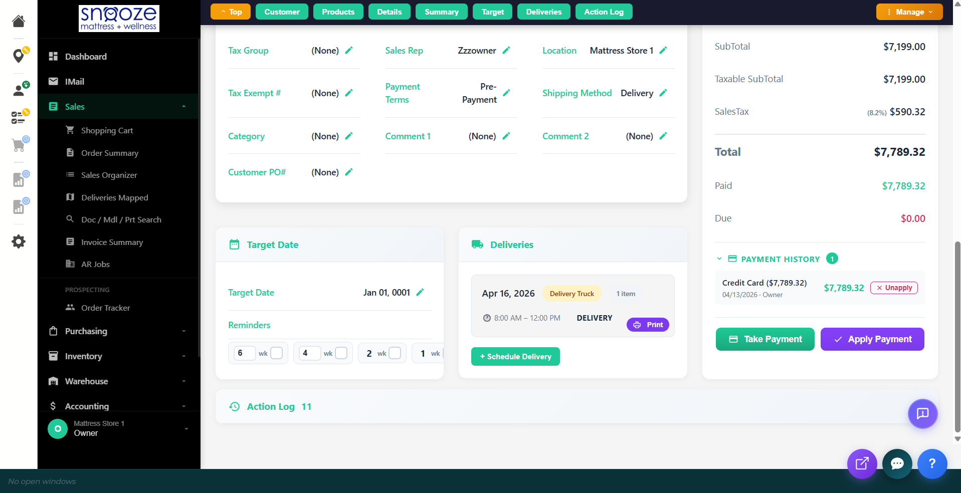 Order summary showing Paid amount matching Total, Due at zero, and Payment History with credit card payment recorded.