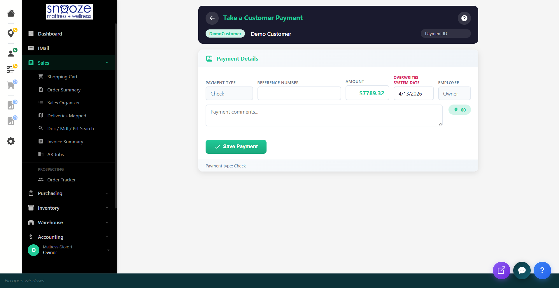 Payment Details screen showing Payment Type, Reference Number, Amount, Date, Employee, comments, and Save Payment button.