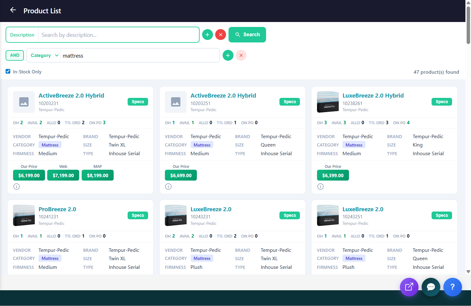 Product List search results showing multiple pricing tiers displayed on each product card.