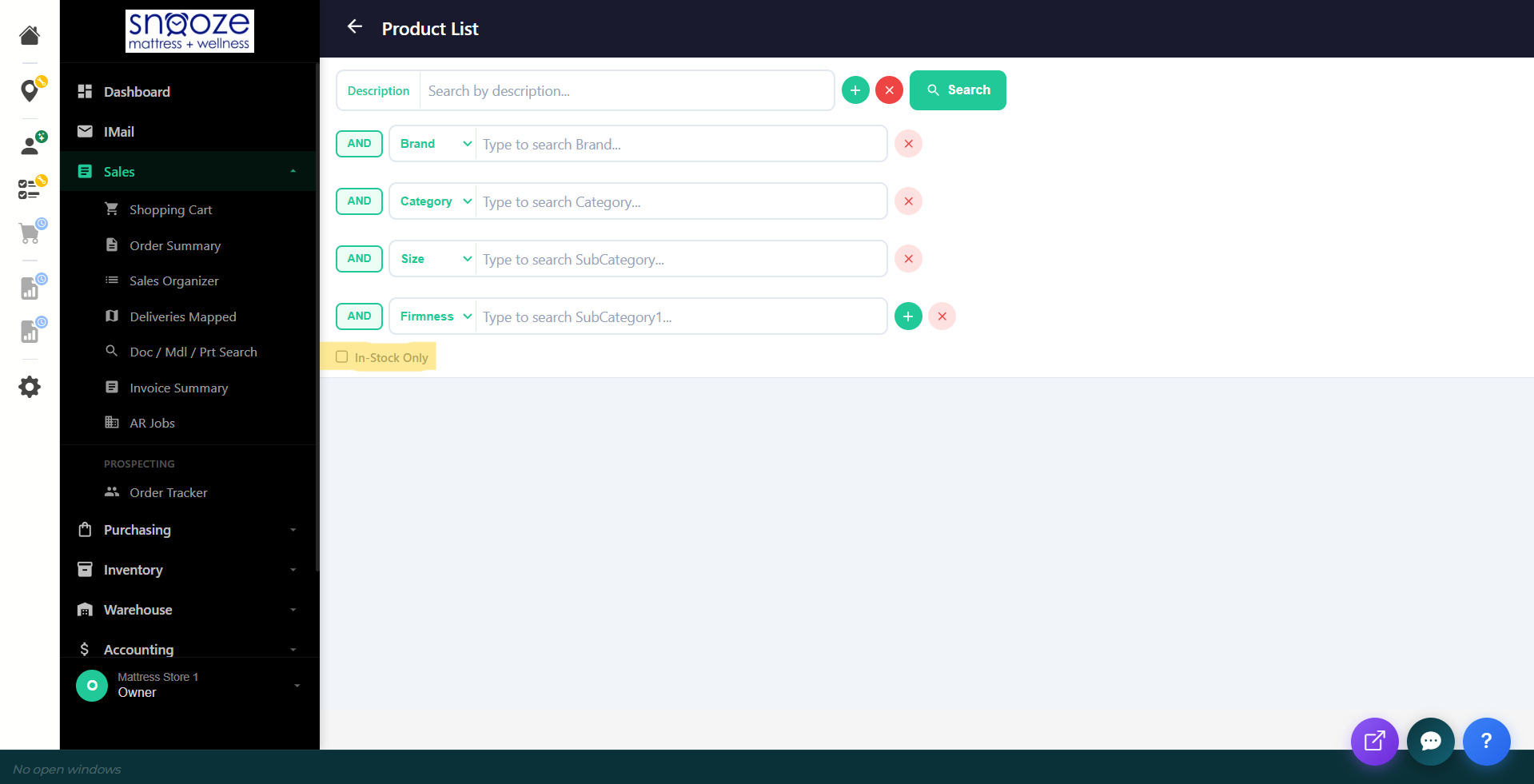 The Product List search screen showing filter fields for Description, Brand, Category, Size, and Firmness with a Search button.