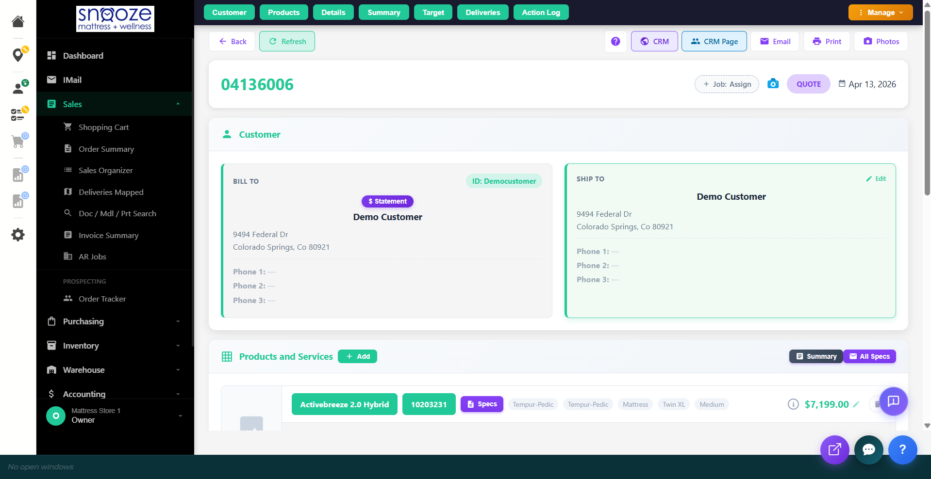 A completed Quote showing the quote number, customer details, and Products and Services section.