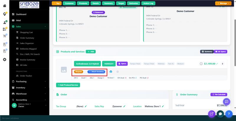 Order screen showing Request and Attach Inventory buttons on a line item.