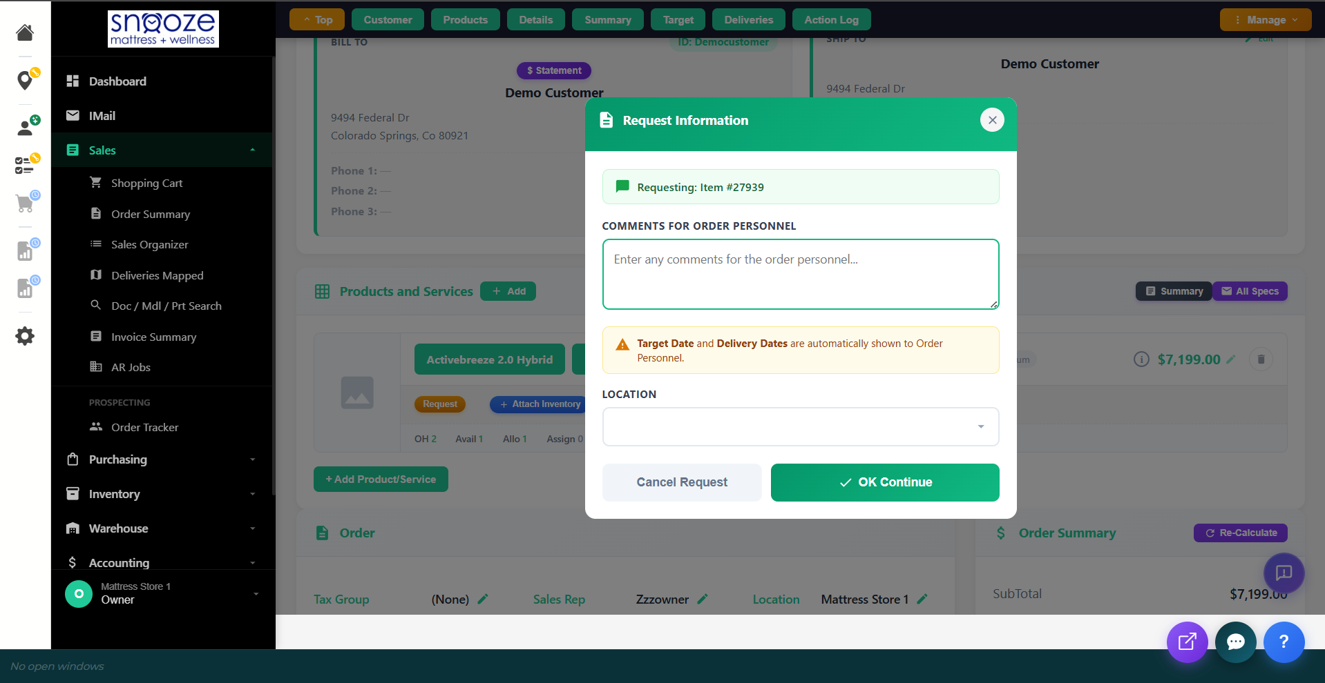 Request Information dialog with comments field, Target Date and Delivery Dates note, Location dropdown, and OK Continue button.