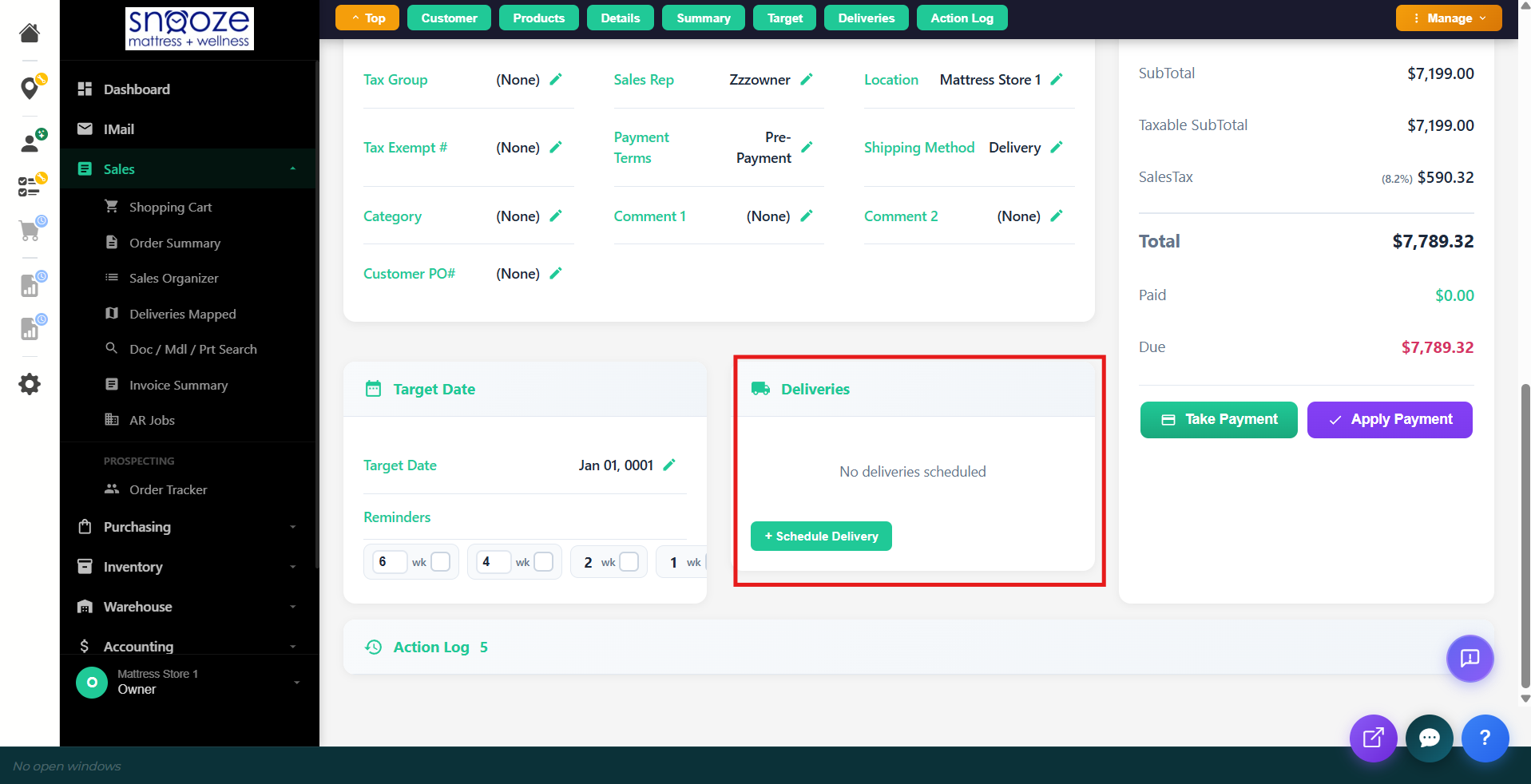The Target tab showing the Deliveries section with a Schedule Delivery button highlighted.