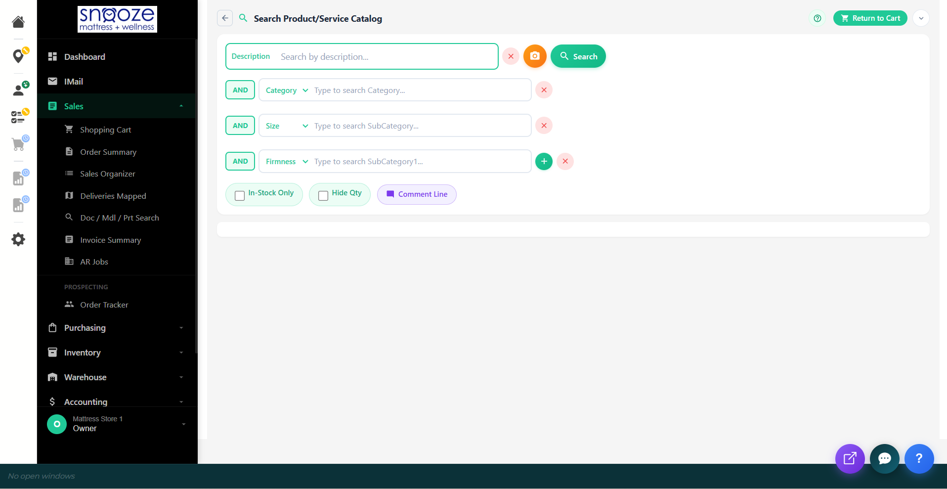 The Search Product/Service Catalog screen with filter fields for Description, Category, Size, and Firmness.