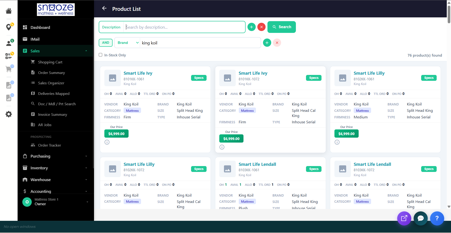 Product List search results showing King Koil mattress product cards with pricing, inventory counts, and Specs buttons.