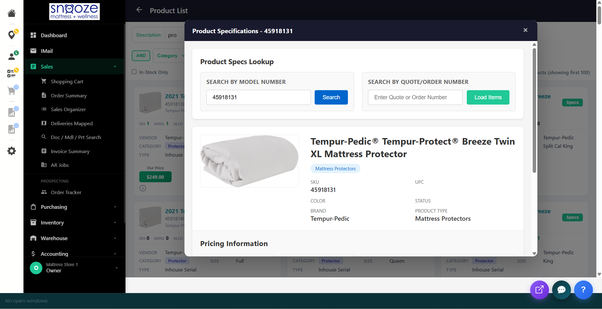 The Product Specifications popup showing product image, name, SKU, brand, product type, and Pricing Information section.