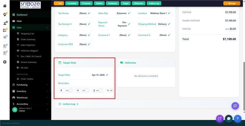 The Target tab showing Target Date, Reminders with week intervals, and Deliveries section.